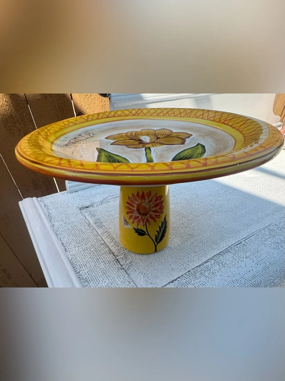 Hand-Painted Yellow Floral Ceramic Pedestal Bowl Raised Cake Plate cake display